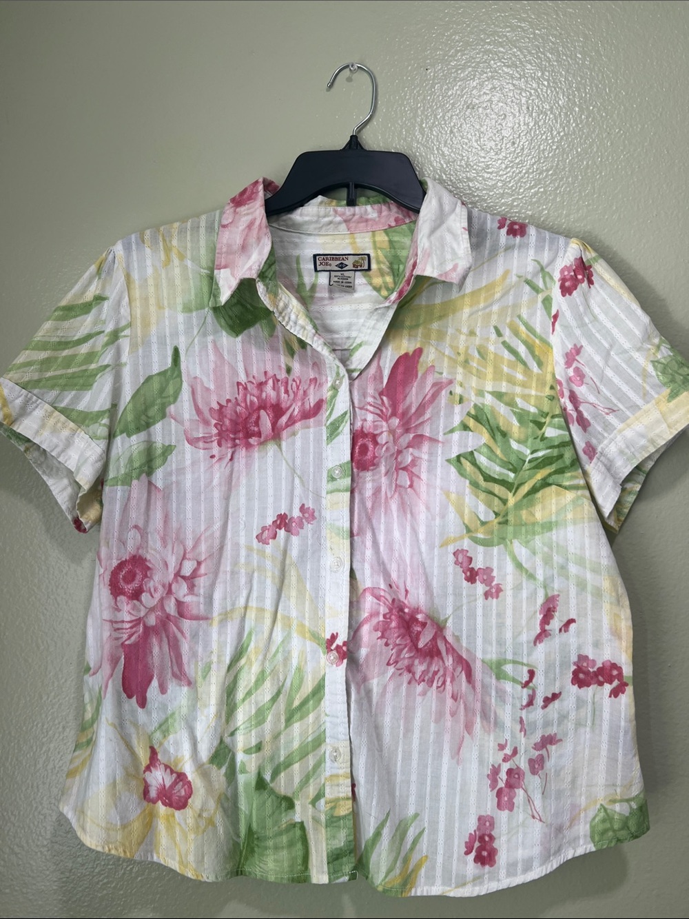 Caribbean Joe Pink, Green & Yellow Floral Button-Up Shirt